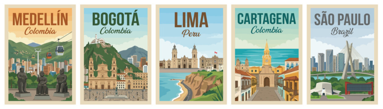 Majestic south america travel poster set. Including medellin, bogota, lima, cartagena, and sao paulo for iconic wall art prints. Retro vector illustration.