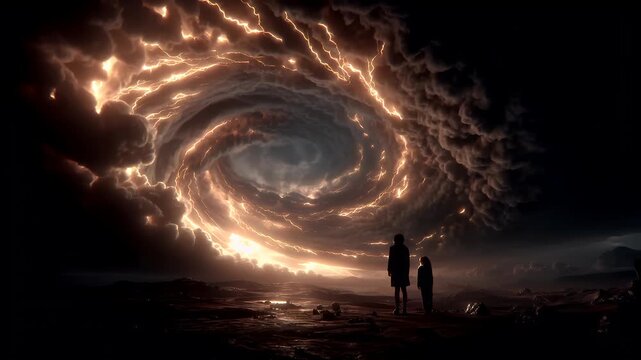 Tornado, twister, weather, natural disaster. A dramatic digital artwork depicts two figures, a man and a woman, standing on a rocky outcrop, facing a large.