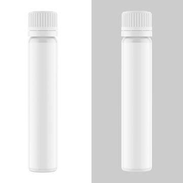 Plastic vial packaging for sport nutrition, supplements, vitamins and etc. Vector illustration isolated on white background. Mockup is ideal for health projects. Scalable without lose quality. EPS10.