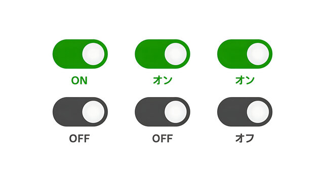 Set of six toggle switches in green ON and gray OFF positions with Japanese text Isolated on transparent background.