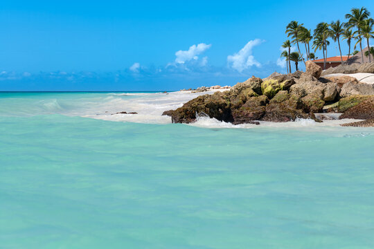 The beautiful turquoise waters of Divi Beach in Aruba on a bright sunny day. A low angle view of the clear Caribbean Sea, white sand, and palm trees with a distinctive rocky area.