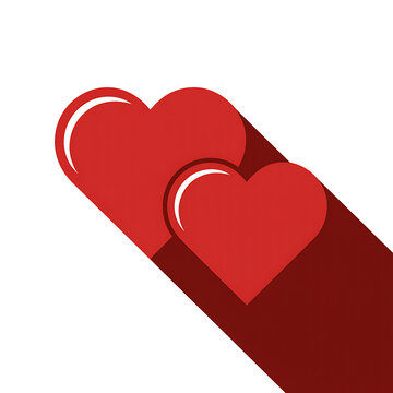 Two red hearts with long shadow effect icon isolated on transparent background for romantic concepts.