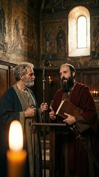 Apostle Peter and evangelist Paul conversing about divine teaching within a historic religious sanctuary, surrounded by ancient Christian fresco murals, holding a wooden cross staff and sacred book.