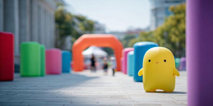 Colorful inflatable characters on street