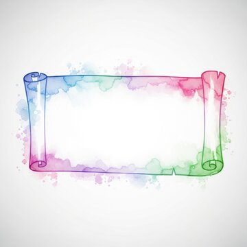 Watercolor scroll frame with rainbow gradient outline on white background