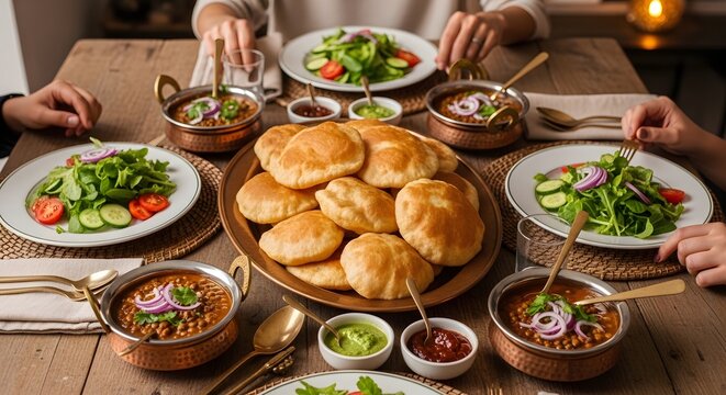 A delicious spread of indian street food including puri, salad, and various sauces on a wooden table with people
