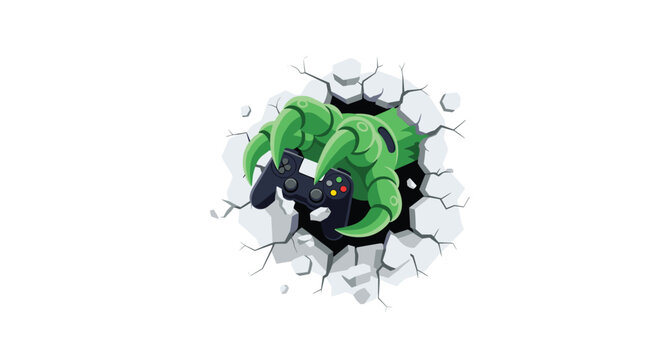 A textured green monster claw grip holds a modern black game controller while protruding through a shattered and cracked concrete wall surface.