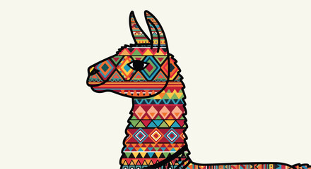 A colorful llama with a vibrant geometric pattern © Imah