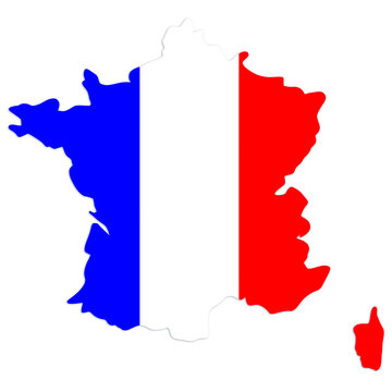 The map of france with the colors of the french national flag for patriotism, sovereignty, travel, and geography