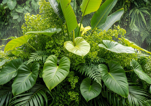 Lush tropical foliage with vibrant green anthurium and ferns in a dense arrangement
