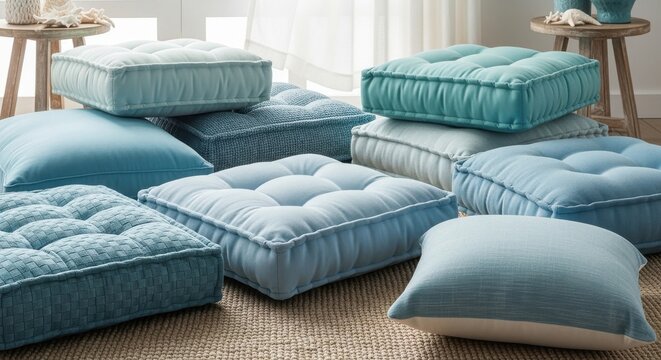 Stack of Soft Tufted Floor Cushions in Calming Ocean Blue Shades for Relaxed Seating