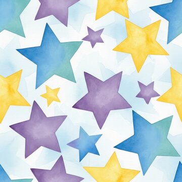 Watercolor seamless pattern with blue, yellow, and purple stars