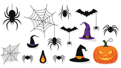 Fototapeta premium Comprehensive collection of Halloween themed graphic elements including spiders, bats, and a spooky pumpkin on white.