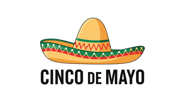 Traditional Mexican sombrero decorated with green and red patterns above the bold text Cinco de Mayo on a white background.