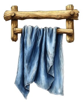 Towel on Wooden Rack: A meticulously illustrated image showcases a casually draped blue towel on a rustic, handcrafted wooden rack, providing a visual ode to a quaint lifestyle.