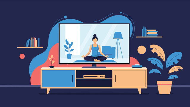 Living room interior with television screen displaying online yoga class lesson for home workout and fitness during quarantine.