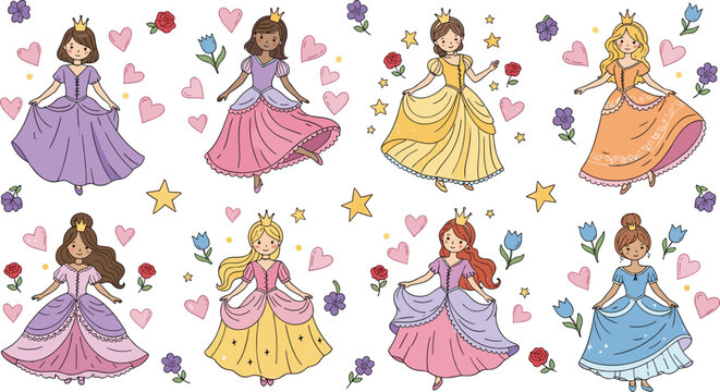 Cute Princesses Set with Colorful Dresses, Crowns, Flowers, and Stars Vector Illustration for Kids and Fantasy Lovers