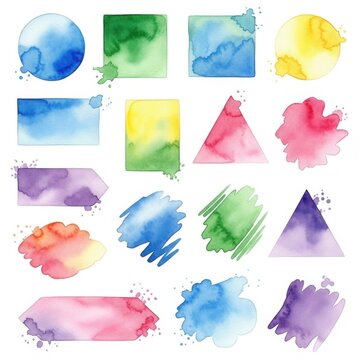 Watercolor shapes collection with geometric figures and ink splatter stains