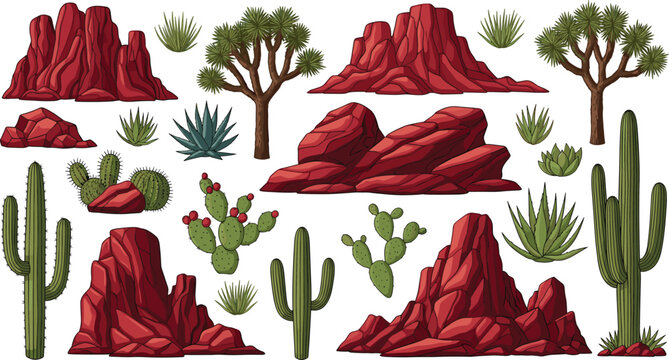 Desert Landscape Elements Set with Cacti, Agave, Joshua Trees, and Red Rocks Vector Illustration for Nature and Wilderness