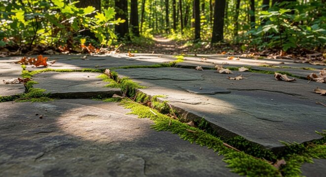Rough hewn flagstone path with vibrant green moss growing in cracks, leading into a sun-dappled forest trail