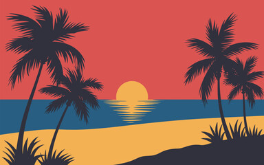 Obraz premium An evening on the beach with palm trees. Colorful panorama picture for rest. Wonderful sunset. Vector illustration design