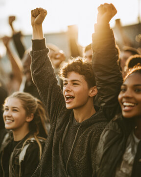 A group of enthusiastic young people cheer with raised fists at an outdoor event, expressing excitement and unity.
