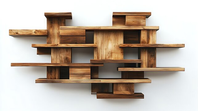 Wooden Shelving: An intricate arrangement of wooden planks, forming an artistic shelving unit, demonstrating both functionality and aesthetic appeal.