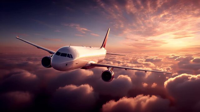 Travel trip journey. A vivid portrayal of an airplane soaring above the clouds during sunset. The sky is painted with hues of orange, pink, and purple, with the sun casting a warm glow on the clouds.