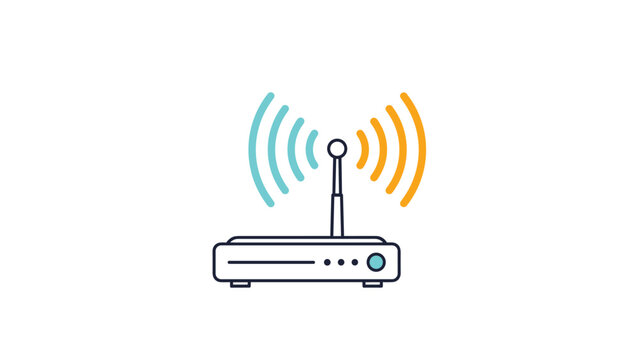 Simple router icon with colorful blue and orange wifi signal waves for internet connectivity and network concepts on white background.