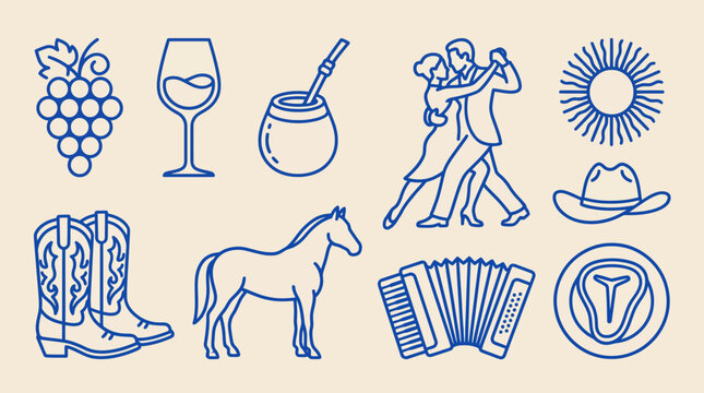 Blue line art icons set featuring grapes, wine glass, cocktail, dancing couple, sun, cowboy boots, horse, accordion, and prohibition symbol