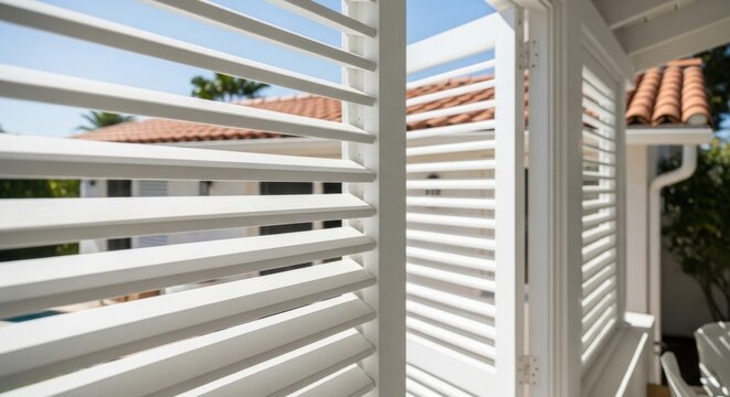 White painted wooden louvre shutters providing architectural detail and natural light control for a stylish home exterior