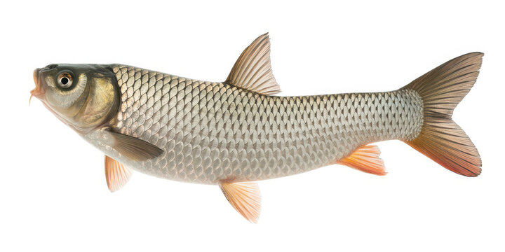 Single fresh grass carp fish with silver scales isolated on a plain white studio background