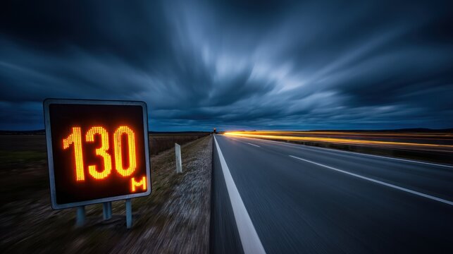 Road sign displaying speed limit with highway under dramatic cloudy sky