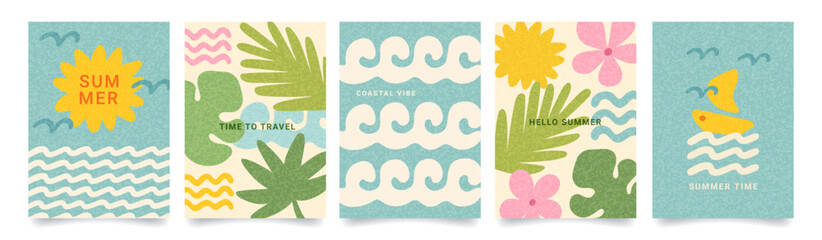 Set of abstract summer card in doodle naive style. Modern boho print with hand drawn tropical leaves, sea, wave, sun, ocean, flowers, boat. Vacation time, travel, beach concept. Trendy coastal prints. © Anna Bova