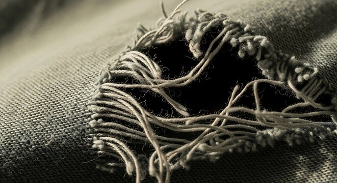A close-up view of a ripped hole in a fabric showing frayed threads and damaged textile