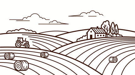 Fototapeta premium Brown line art illustration of rolling farm fields with a tractor, hay bales, and a distant farmhouse under a cloudy sky