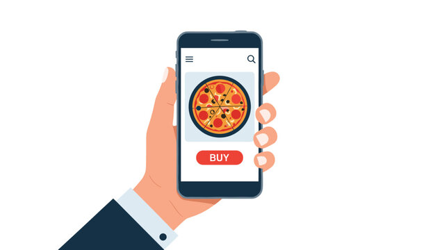 Person holding a smartphone to order pizza online with a buy button for food delivery service and ecommerce app marketing themes.