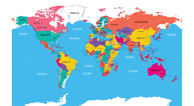 A colorful map of the world with labeled regions