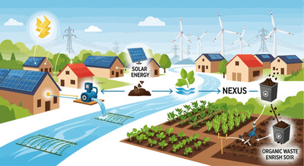 Fototapeta premium Sustainable Eco Village Concept with Renewable Energy and Agriculture