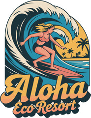 Girls summer t-shirt print design, surfing under the big waves. retro color print. aloha eco resort vector illustration © Urmi Bagum Urme