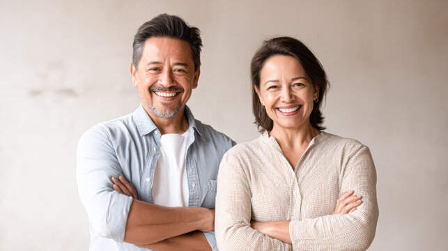 Happy middle-aged couple standing together with arms crossed, smiling confidently against a neutral background.