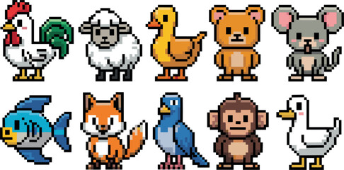 Cute pixel art animal vector set featuring a rooster sheep duck bear mouse fish fox bird monkey and goose for retro game design and digital crafts. © MstSabera