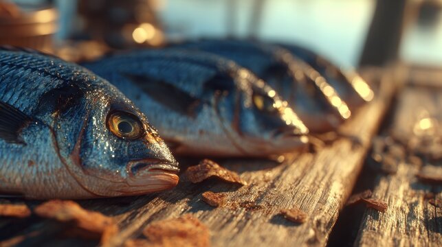 Freshly caught fish arranged on weathered wooden surface in warm light