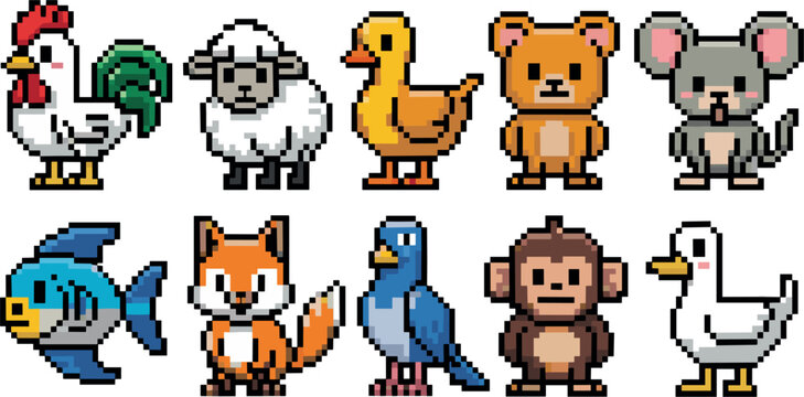 Cute pixel art animal vector set featuring a rooster sheep duck bear mouse fish fox bird monkey and goose for retro game design and digital crafts.
