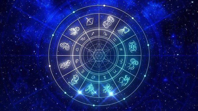 Glowing Blue Zodiac Wheel with Twelve Astrology Signs Rotating in Cosmic Space Background