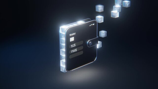 3D digital wallet app on smartphone with glowing blockchain cubes, credit card, and balance display on dark background. Ideal for fintech, mobile payment, and cryptocurrency concepts.