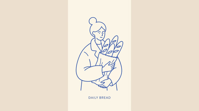 Minimal line art illustration of a baker holding a loaf of bread, branded Daily Bread, on a beige background