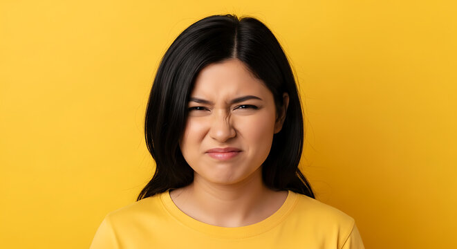 A young woman expresses disgust with a deeply wrinkled face.