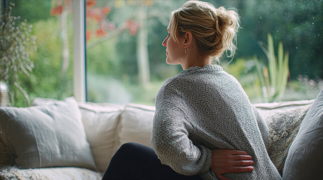 A woman sits on a couch indoors, holding her lower back in discomfort while looking out a window at a green, natural view.
