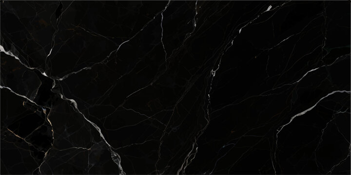 Premium black marble texture featuring bold metallic silver veins and subtle white lines, polished dark stone surface ideal for elegant modern interiors and graphics